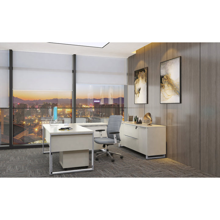 Maysey Desk with Built in Outlets Inbox Zero Color (Top/Frame): White/Silver Size: 28.7" H x 63" W x 32" D