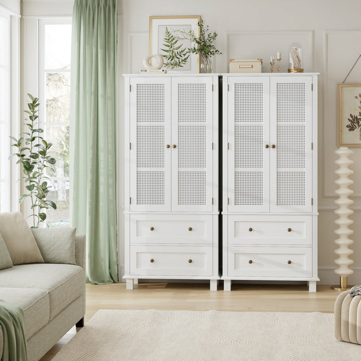 2-Door 2-Drawer Tall Locker With Faux Rattan And Faux Solid Wood Surface, 64.4"H X 28.54"W X 15"D Bay Isle Home™ Color: White