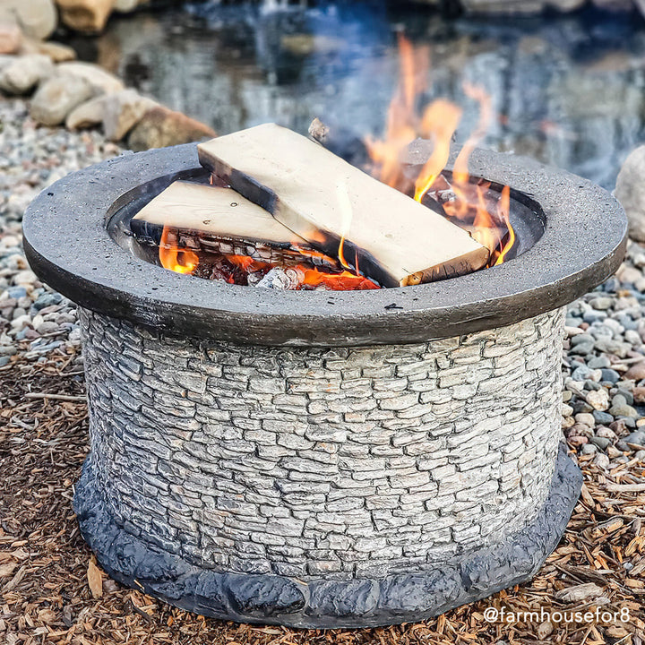 Nolia 32 inch Fire Pit for Outside, Outdoor Stone Wood Burning Fire Pit with Steel Mesh Spark Screen and Fire Poker, Large Bonfire for Patio and Backyard Williston Forge