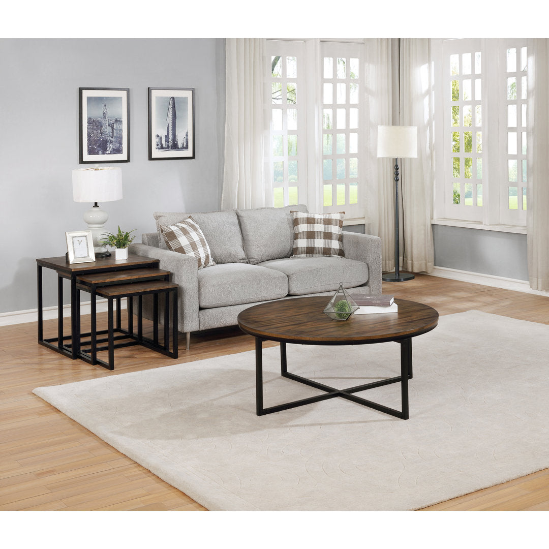 Kersh 42-Inch Round Solid Acacia Wood Coffee Table with Antiqued Mocha Finish, Metal Sled Legs, Bold Industrial Style – Center Table for Living Room, Compatible with Sectionals and Sofas Laurel Foundry Modern Farmhouse®
