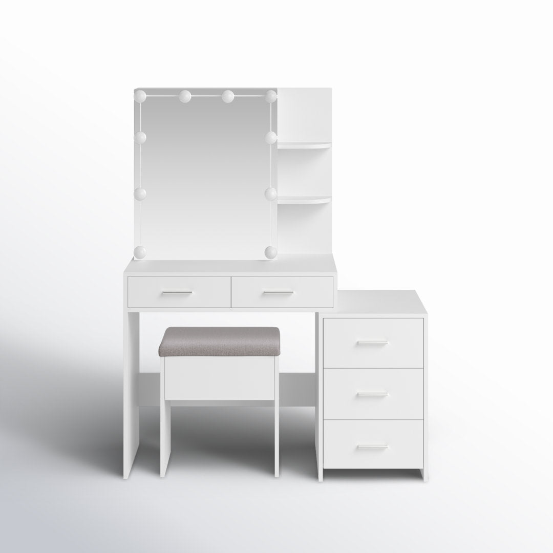 Calletano 44.3"Wide Makeup Vanity Set with Mirror Cabinet, Stool,5 Drawers Wade Logan® Color: White