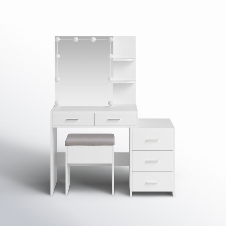 Calletano 44.3"Wide Makeup Vanity Set with Mirror Cabinet, Stool,5 Drawers Wade Logan® Color: White