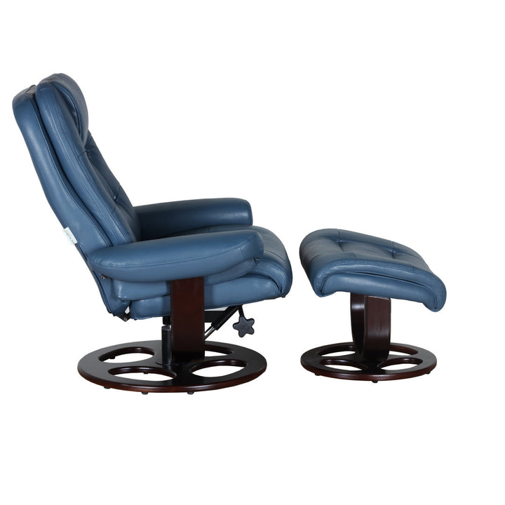 Majeda Manual Swivel Recliner With Ottoman Hokku Designs Body Fabric: Roman Blue Leather Match