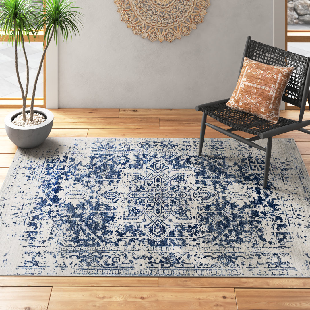 Hillsby Oriental Pure Navy/Light Gray Area Rug Mistana™ Rug Size: Rectangle 5'3" x 7'3"