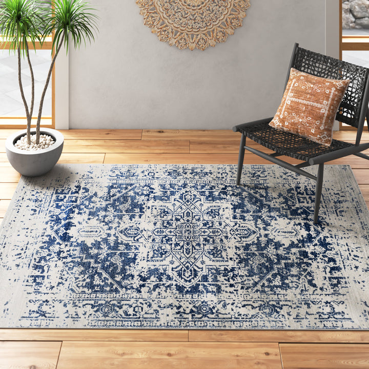 Hillsby Oriental Pure Navy/Light Gray Area Rug Mistana™ Rug Size: Rectangle 5'3" x 7'3"