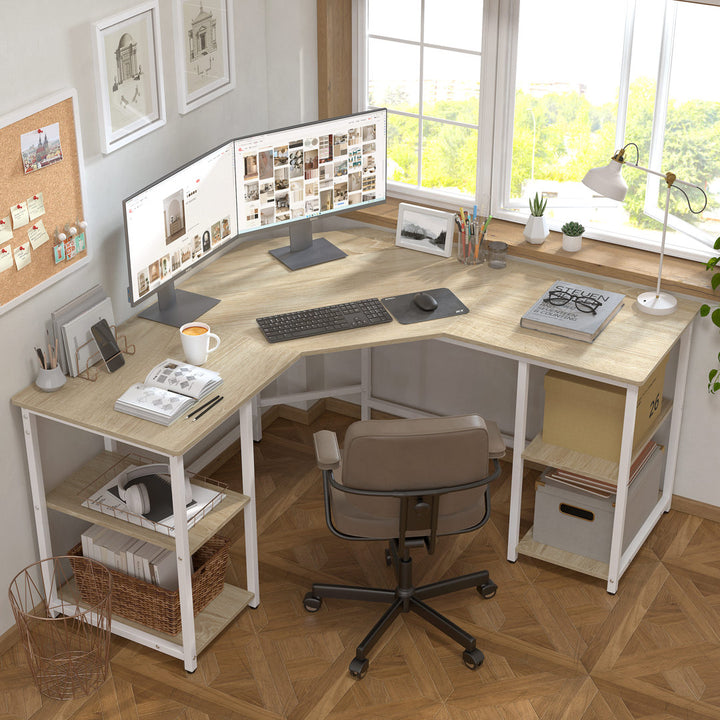 56.9" L Shaped Desk with Shelves Corner Computer Desk Large Table Inbox Zero Color (Top/Frame): Beech/White