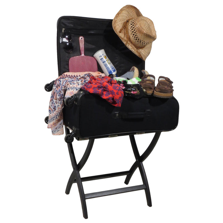 Folding Wood Luggage Rack Wooden Mallet Color: Black Fabric: Tan