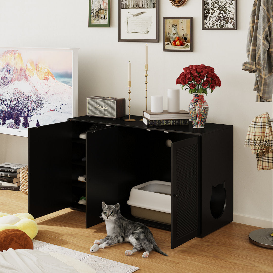 Black Three Door Cat Litter Box Enclosure With 4 Shelves Tucker Murphy Pet™ Color: Black