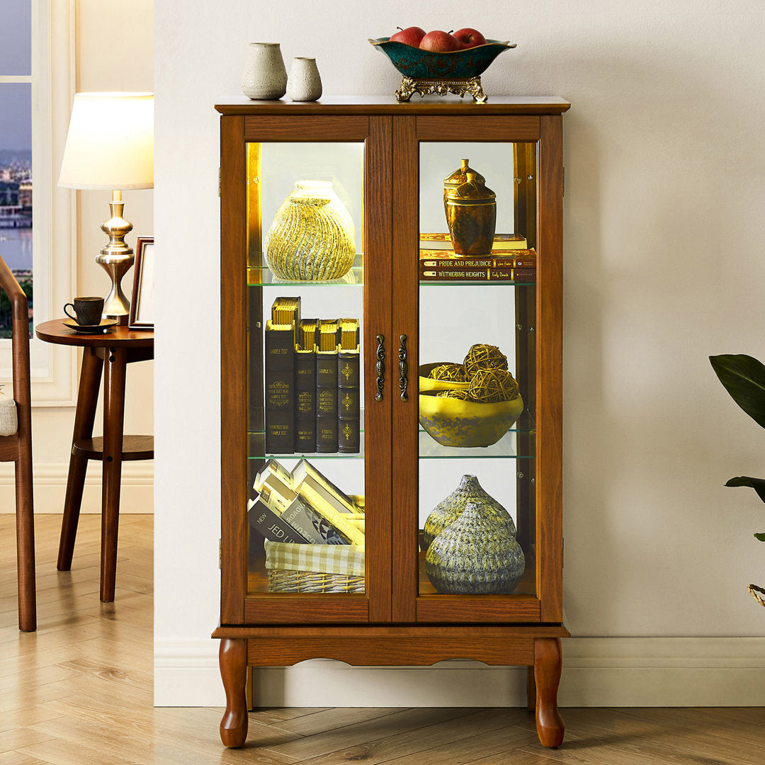 Cenia Lighted Curio Cabinet with Adjustable Shelves and Mirrored Back Panel,not included bulb Alcott Hill® Color: Oak