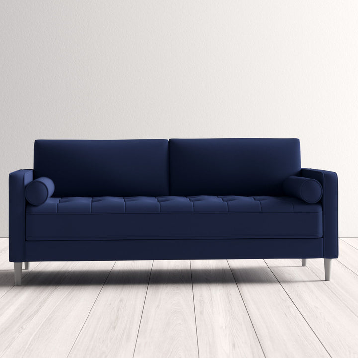 Garren 75.6'' Square Arm Tufted Sofa Mercury Row® Fabric: Navy Blue Linen