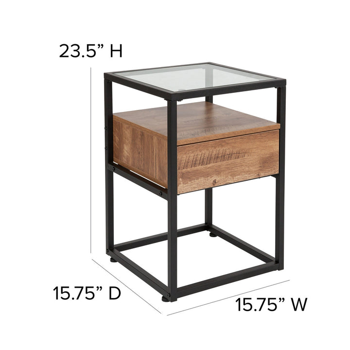 Riaan Glass End Table with Drawer and Shelf in Rustic Wood Grain Finish Union Rustic