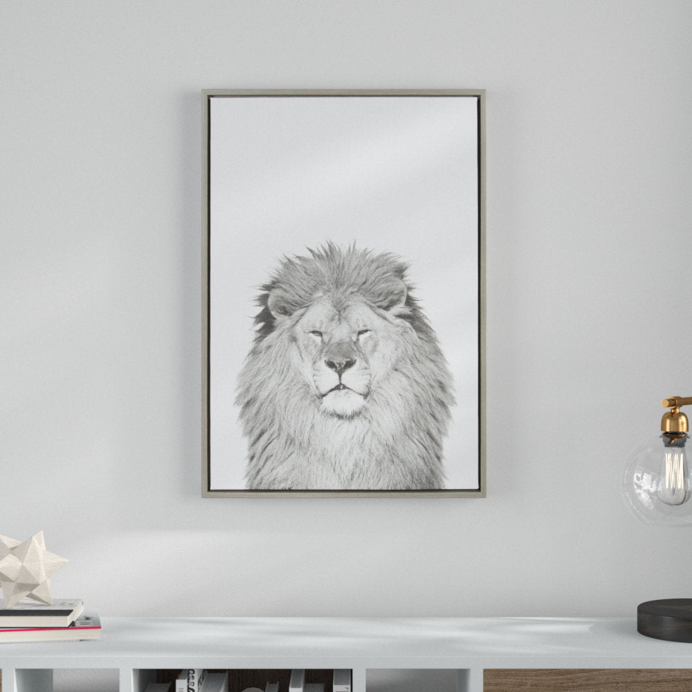 Lion Animal Print Black and White Portrait by Simon Te Tai - Photograph Print on Canvas Ivy Bronx Frame Color: Gray Framed