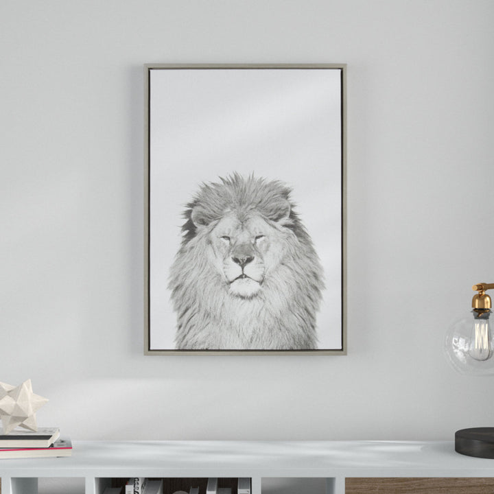Lion Animal Print Black and White Portrait by Simon Te Tai - Photograph Print on Canvas Ivy Bronx Frame Color: Gray Framed