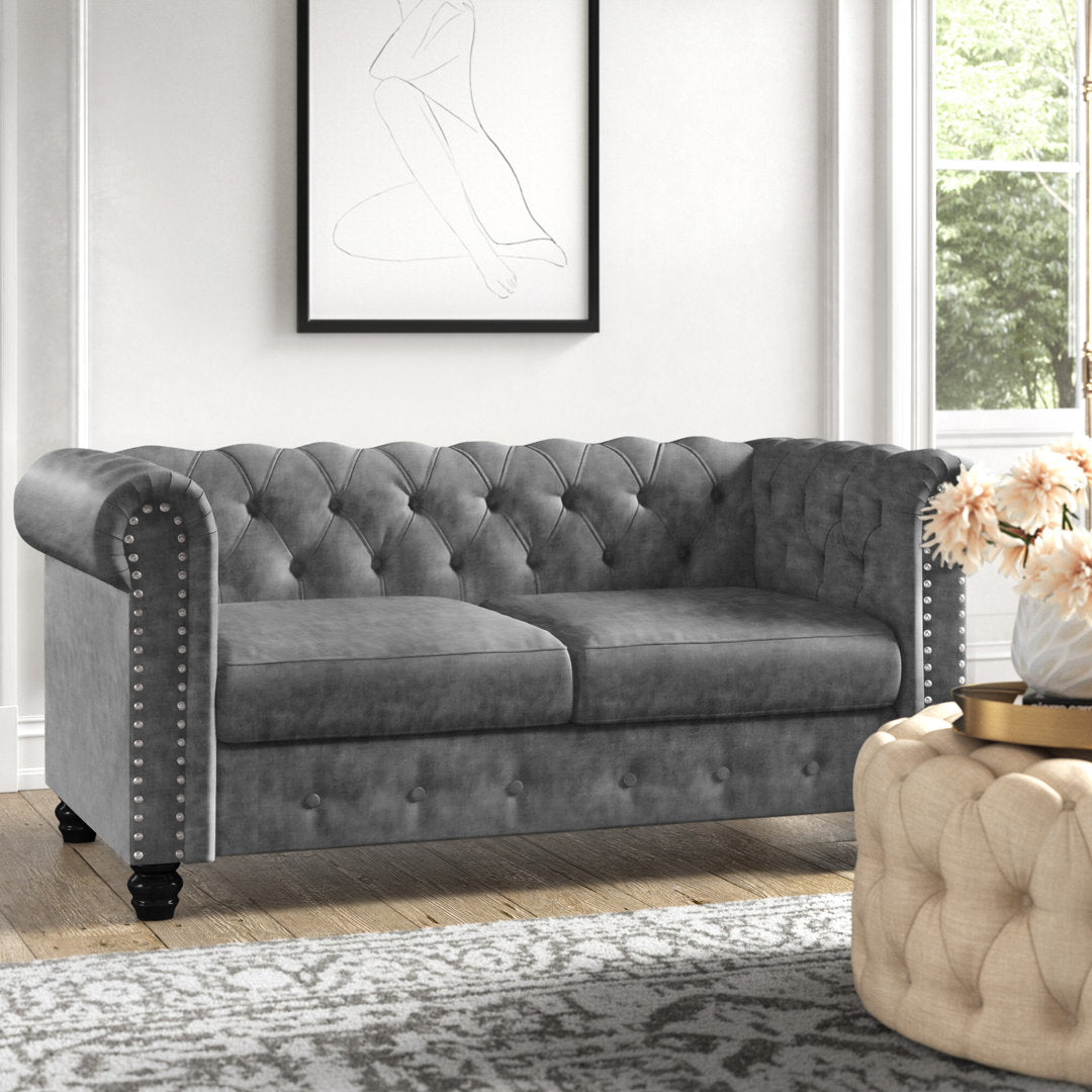 Provence 61" Rolled Arm Chesterfield Loveseat Kelly Clarkson Home Upholstery Color: Gray Leather like Fabric