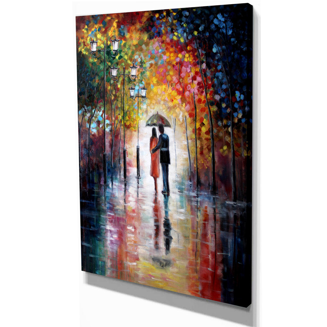 Lovers Under Umbrella - Graphic Art Print on Canvas East Urban Home Size: 32" H x 16" W x 1" D