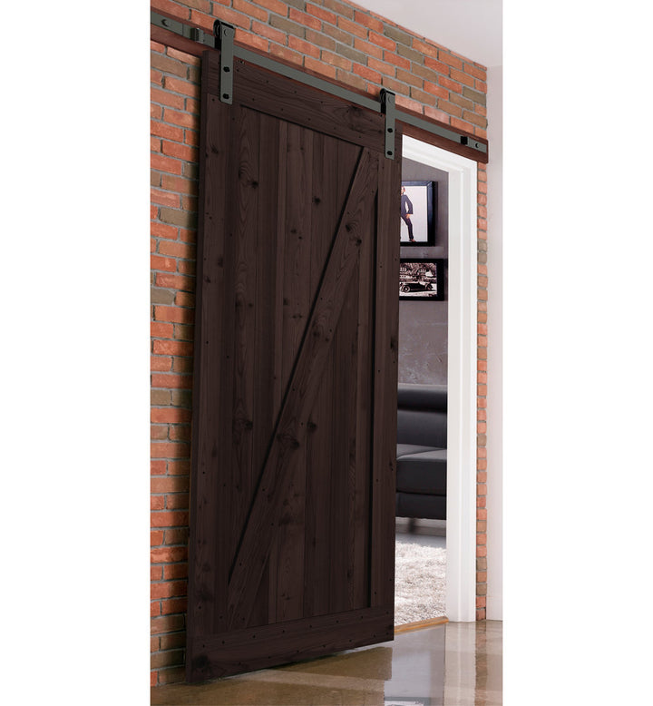 Tarcienne Paneled Wood and Metal Finish Prehung Barn Door with Installation Hardware Kit Millwood Pines Finish: Brown