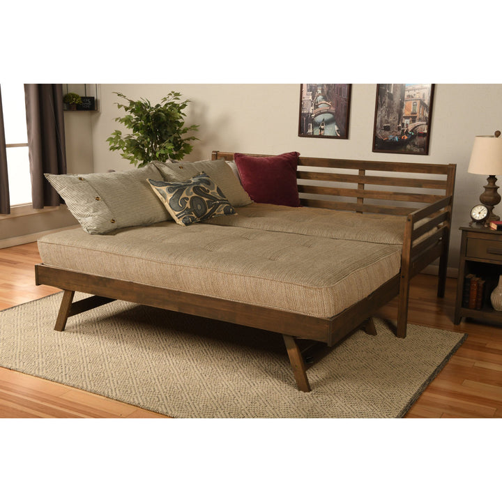 Alhamdi Boho Daybed and Pop-Up Bed with Mattresses Lark Manor™ Frame Color: Rustic Walnut, Mattress Color: Woodsmoke Brown