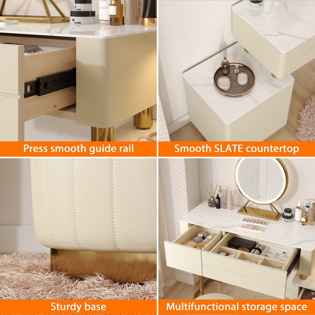 Edorta Vanity Desk with Mirror and Lights, Modern Makeup Vanity Table Set with 4 Storage Drawers and Vanity Stool Hokku Designs