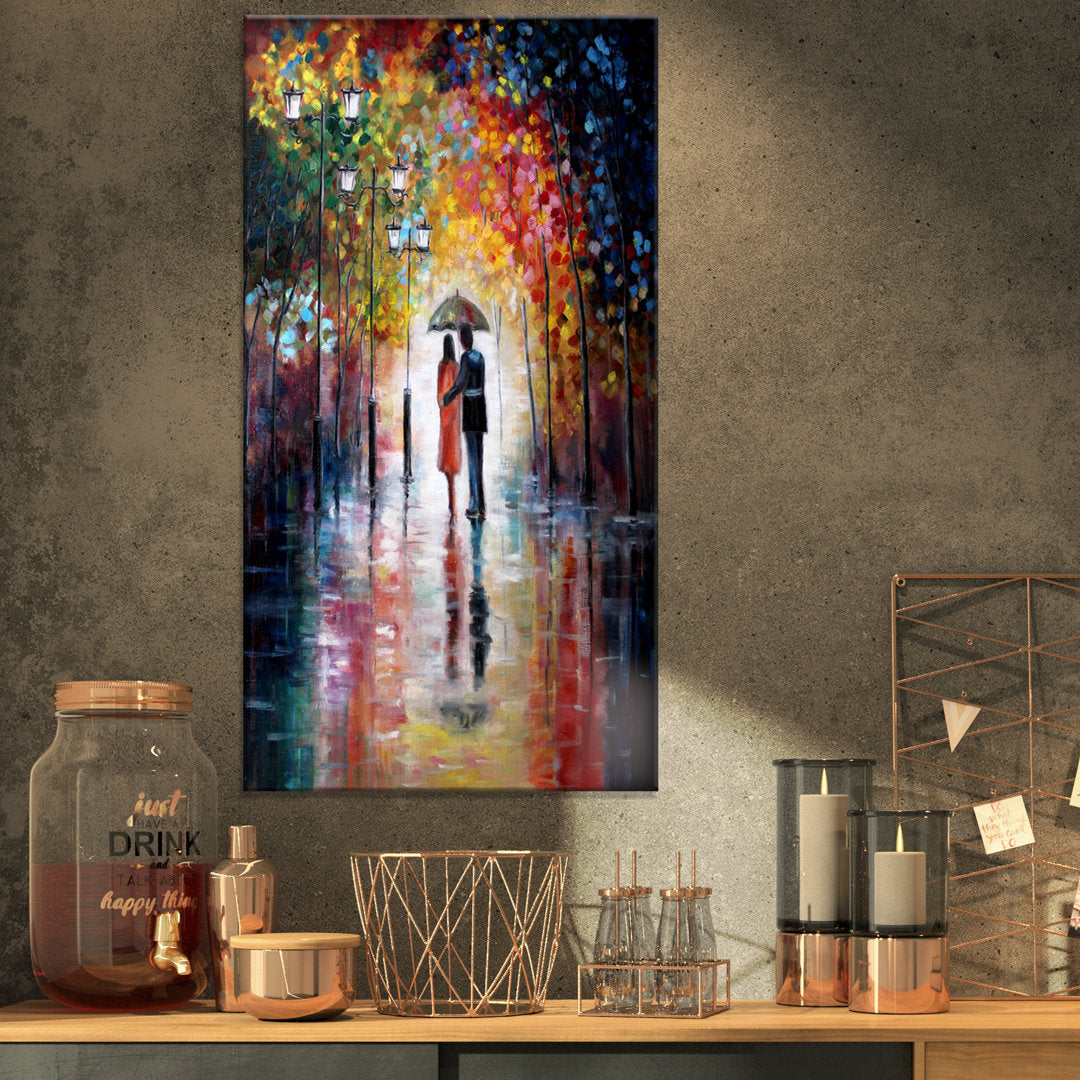Lovers Under Umbrella - Graphic Art Print on Canvas East Urban Home Size: 32" H x 16" W x 1" D