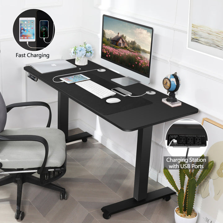 Kashif 55'' Electric Height Adjustable Standing Desk With 2 USB Ports, 3 Power Outlets, and 4 Casters, 2 Hooks, Big Mouse Pad Inbox Zero Color: Black