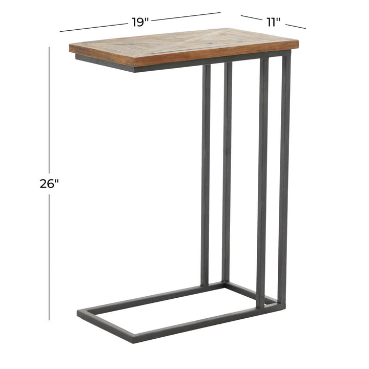 Metal C-Shaped Side End Black Accent Table with Brown Wood Top 17 Stories