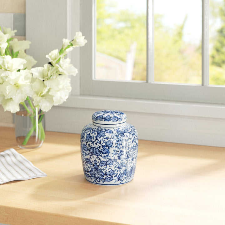Chadwicks Blue/White Ceramic Jar Birch Lane™ Size: 6.5'' H x 5.5'' W x 5.5'' D