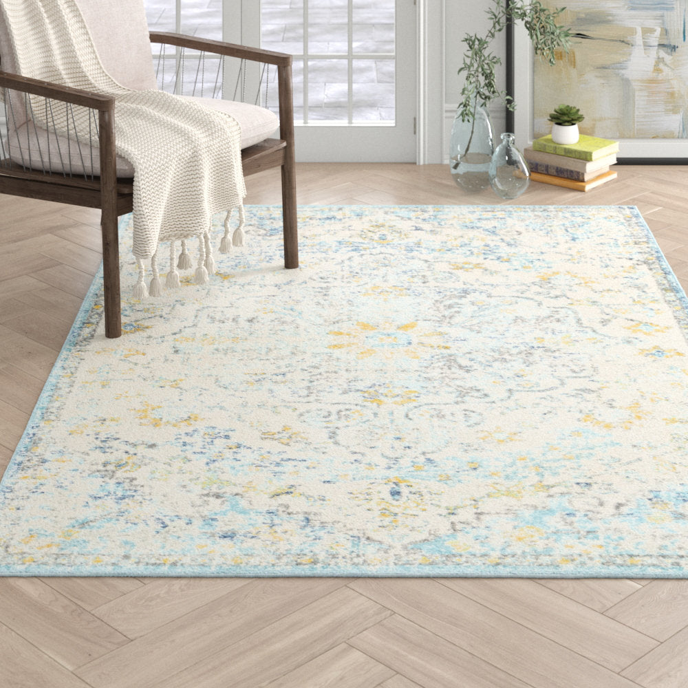 Hillsby Oriental Ivory Cream/Teal/Yellow Area Rug Mistana™ Rug Size: Rectangle 6'7" x 9'