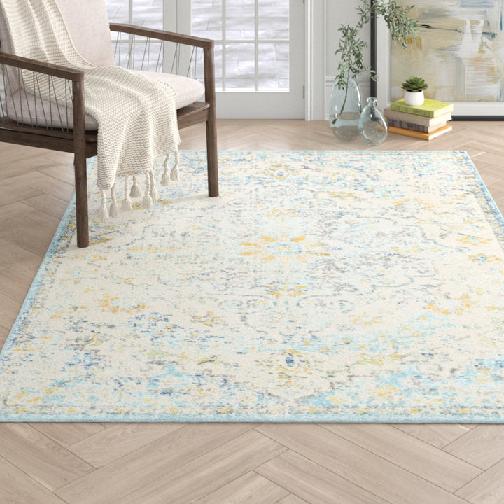 Hillsby Oriental Ivory Cream/Teal/Yellow Area Rug Mistana™ Rug Size: Rectangle 6'7" x 9'