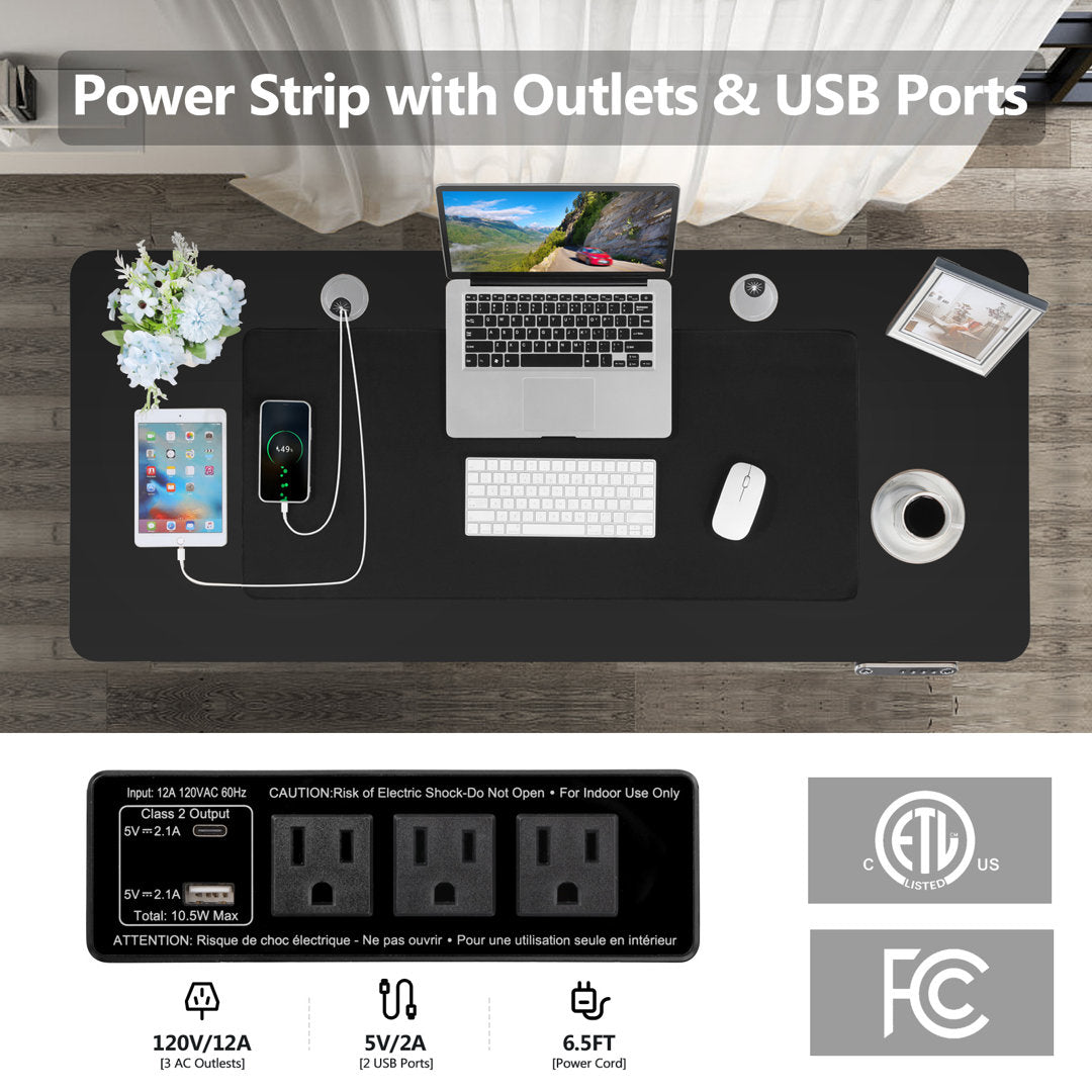 Kashif 55'' Electric Height Adjustable Standing Desk With 2 USB Ports, 3 Power Outlets, and 4 Casters, 2 Hooks, Big Mouse Pad Inbox Zero Color: Black