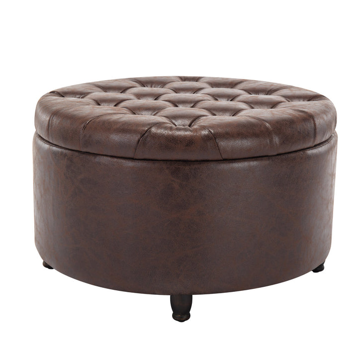 Sanni 28" Wide Faux Leather Round Storage Ottoman Greyleigh™ Upholstery Color: Dark Brown Faux Leather