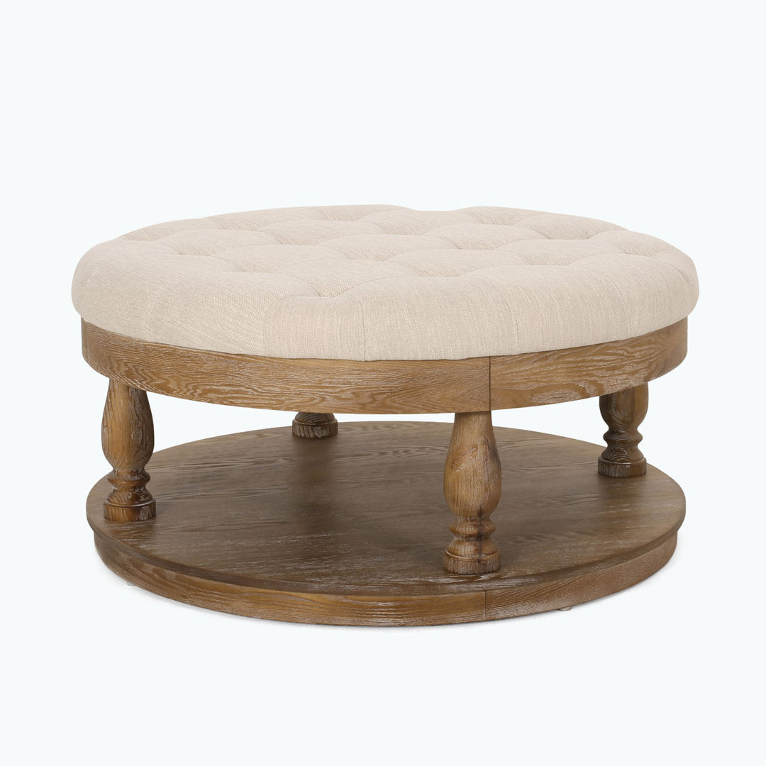 Tawney 40" Wide Tufted Round Cocktail Ottoman with Storage Rosalind Wheeler Leg Color: Weathered Body Fabric: Beige Fabric