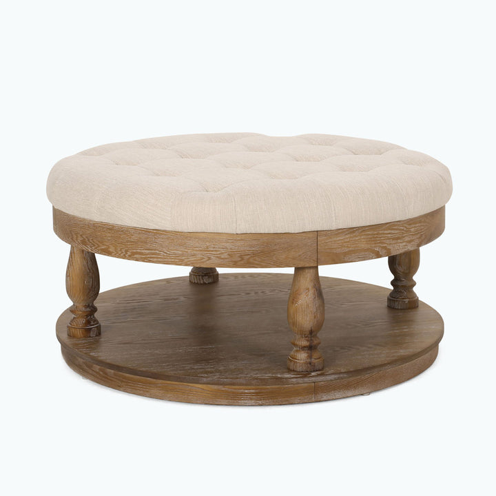 Tawney 40" Wide Tufted Round Cocktail Ottoman with Storage Rosalind Wheeler Leg Color: Weathered Body Fabric: Beige Fabric