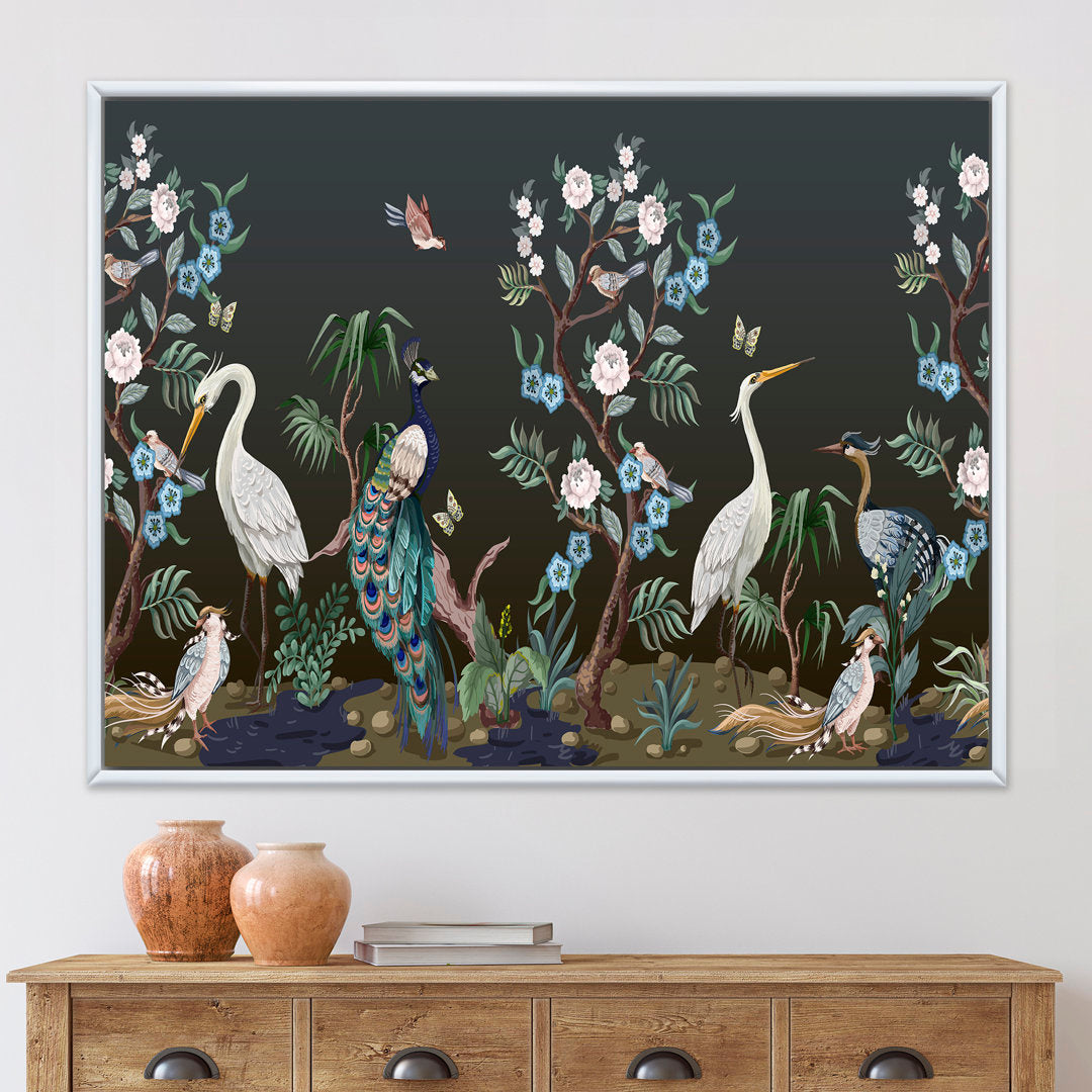 Chinoiserie with Birds and Peonies IV - Painting on Canvas East Urban Home Size: 12" H x 20" W x 1" D Format: White Floater Frame