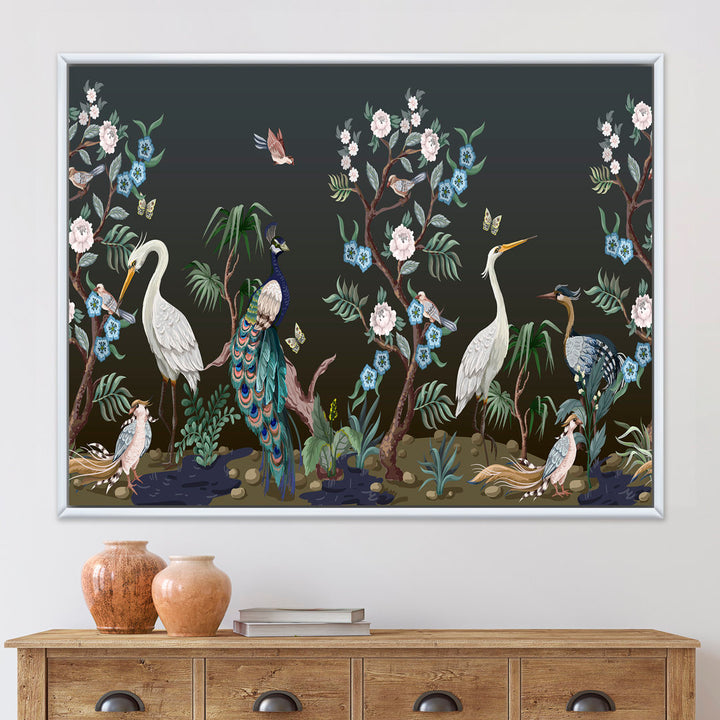 Chinoiserie with Birds and Peonies IV - Painting on Canvas East Urban Home Size: 12" H x 20" W x 1" D Format: White Floater Frame