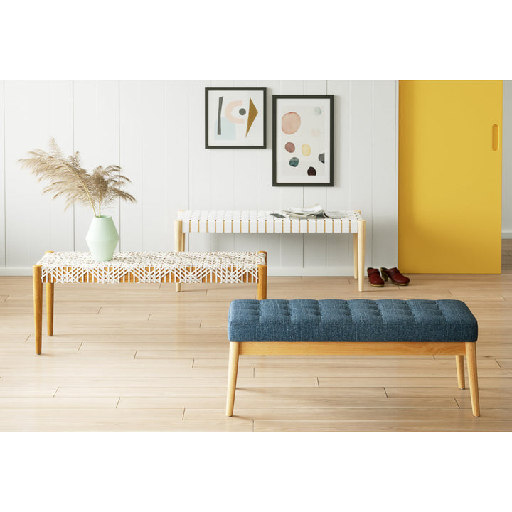 Orin 47" Woven Leather Bench AllModern Color: Light Oak Frame/Off-White Leather