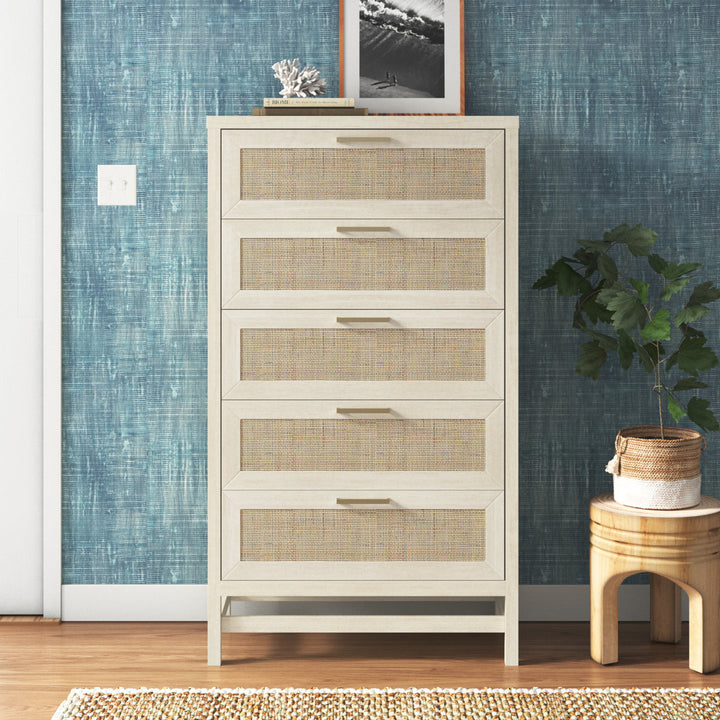 Barros Faux Rattan 5 Drawer 31.65" W Chest Beachcrest Home™ Color: Ivory Oak