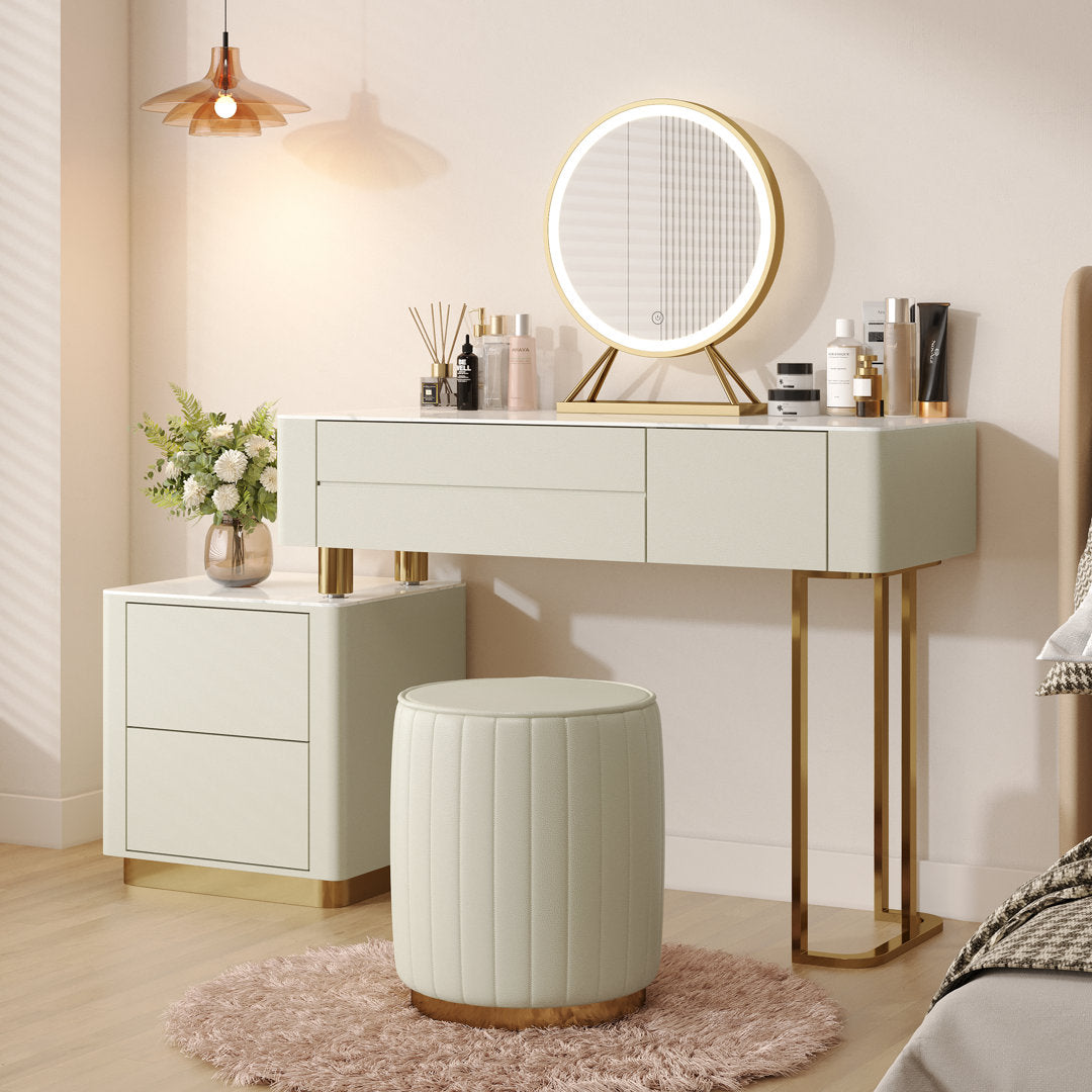 Edorta Vanity Desk with Mirror and Lights, Modern Makeup Vanity Table Set with 4 Storage Drawers and Vanity Stool Hokku Designs