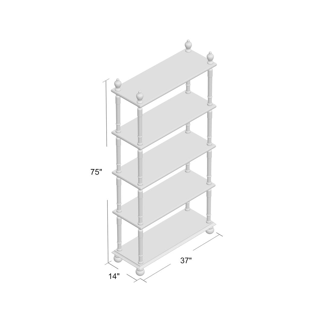 Elodie White Wood Distressed Open 5 Shelf Shelving Unit with Brown Spindle Sides and Ball Feet Kelly Clarkson Home