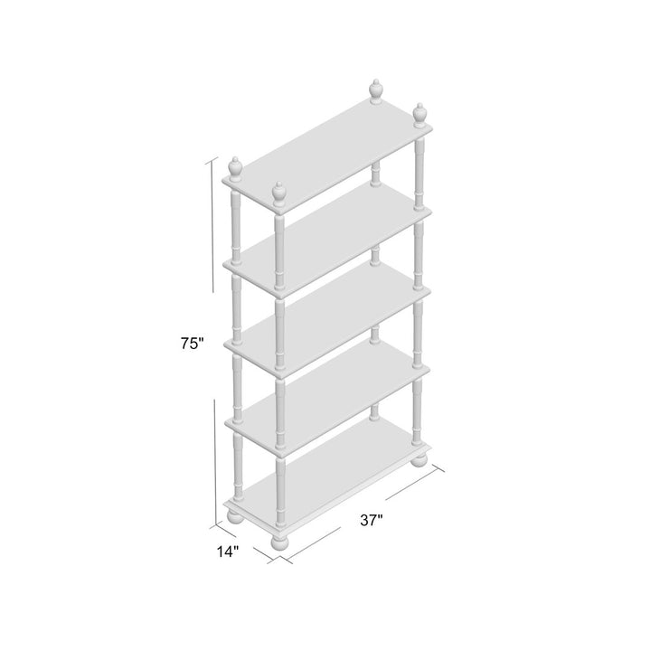 Elodie White Wood Distressed Open 5 Shelf Shelving Unit with Brown Spindle Sides and Ball Feet Kelly Clarkson Home