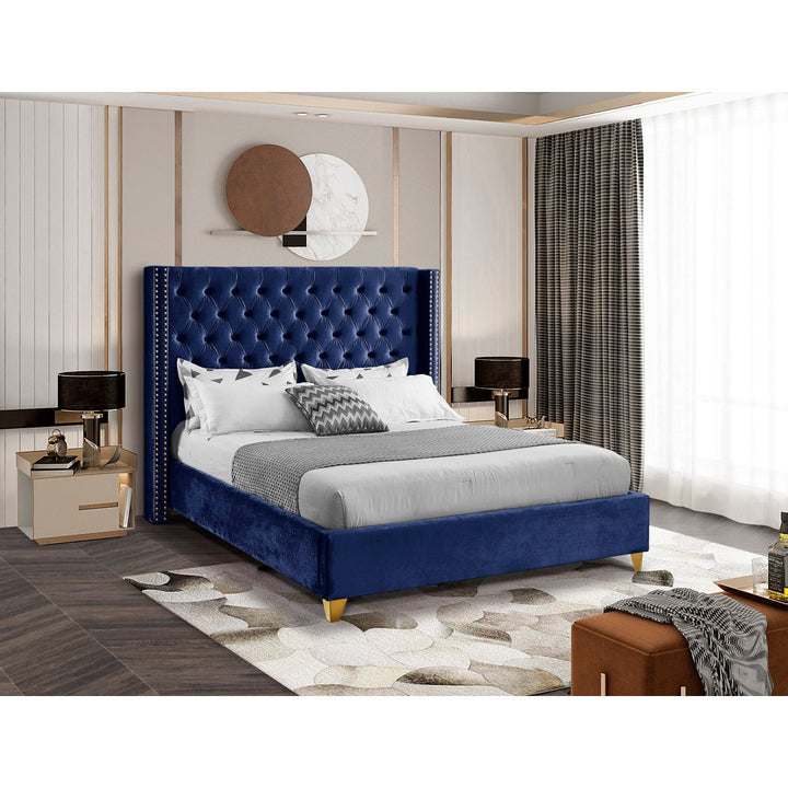 Joclynn Solid Wood Tufted Upholstered Low Profile Platform Bed Everly Quinn Color: Navy Velvet Size: Full Nailhead Finish: Gold