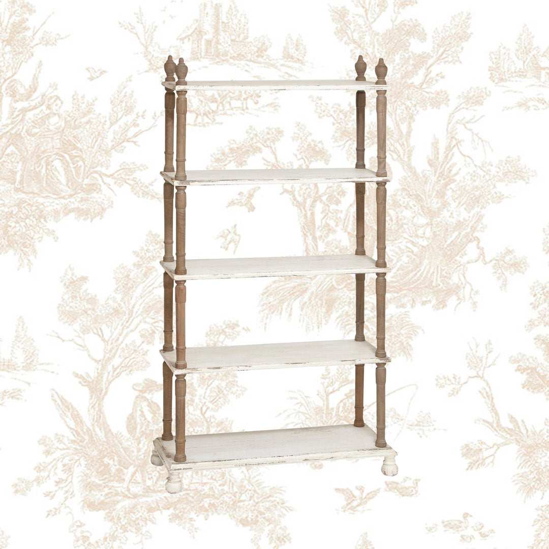 Elodie White Wood Distressed Open 5 Shelf Shelving Unit with Brown Spindle Sides and Ball Feet Kelly Clarkson Home