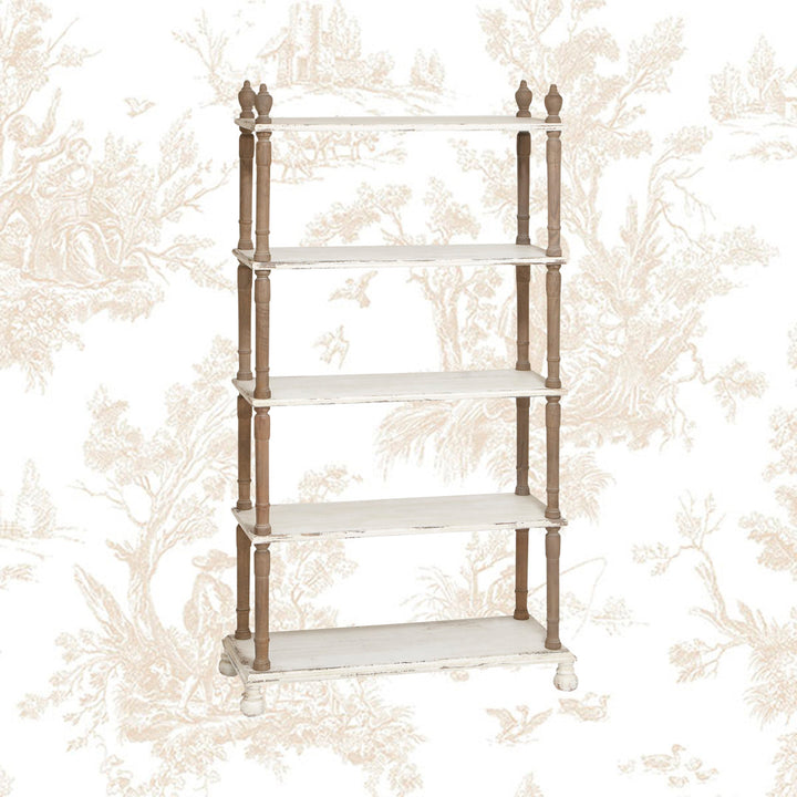 Elodie White Wood Distressed Open 5 Shelf Shelving Unit with Brown Spindle Sides and Ball Feet Kelly Clarkson Home