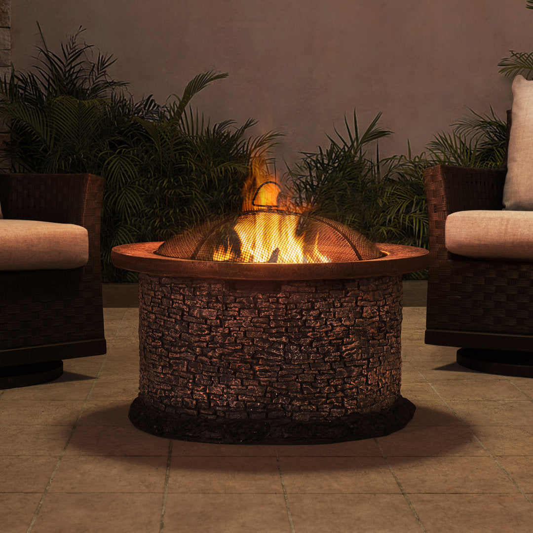 Nolia 32 inch Fire Pit for Outside, Outdoor Stone Wood Burning Fire Pit with Steel Mesh Spark Screen and Fire Poker, Large Bonfire for Patio and Backyard Williston Forge