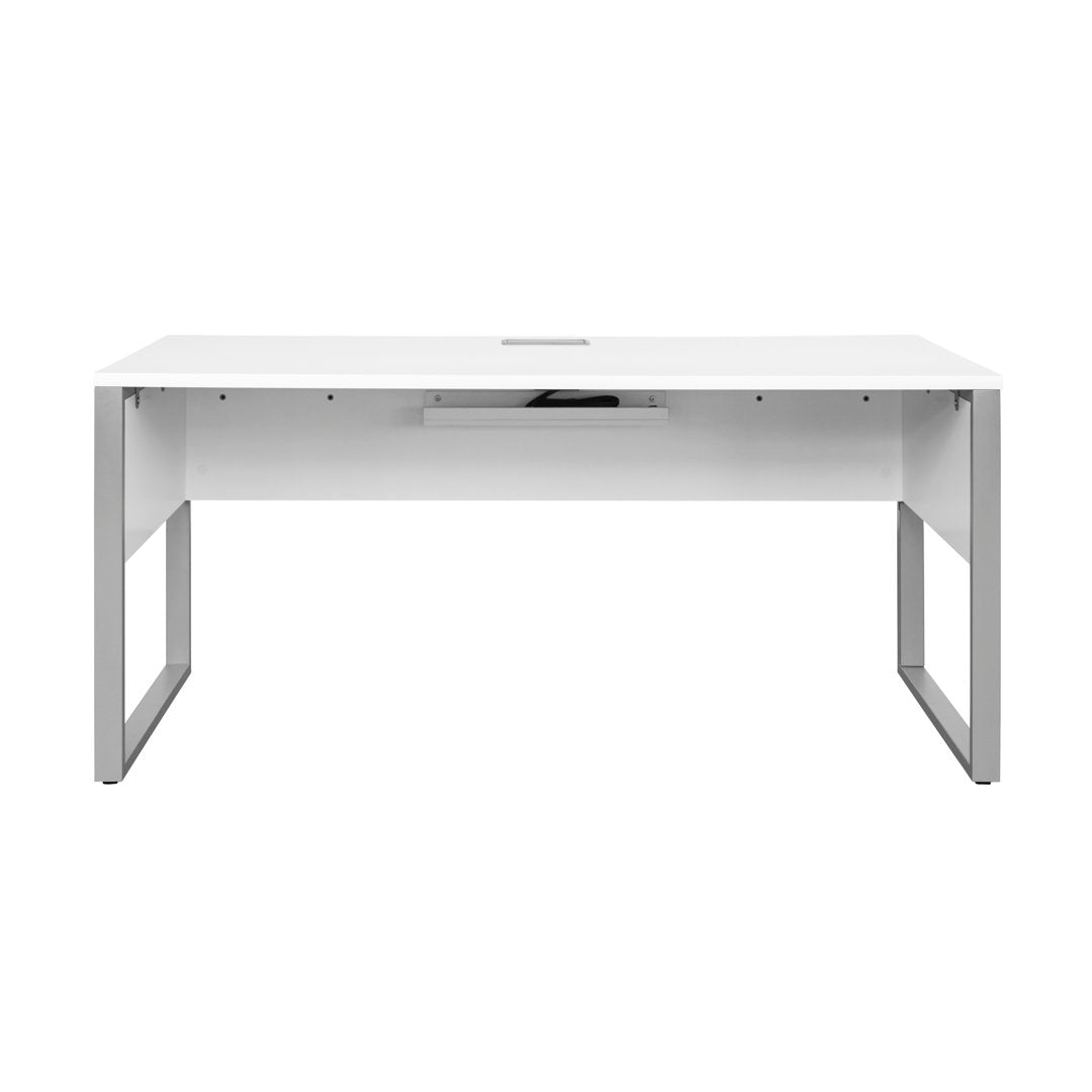 Maysey Desk with Built in Outlets Inbox Zero Color (Top/Frame): White/Silver Size: 28.7" H x 63" W x 32" D