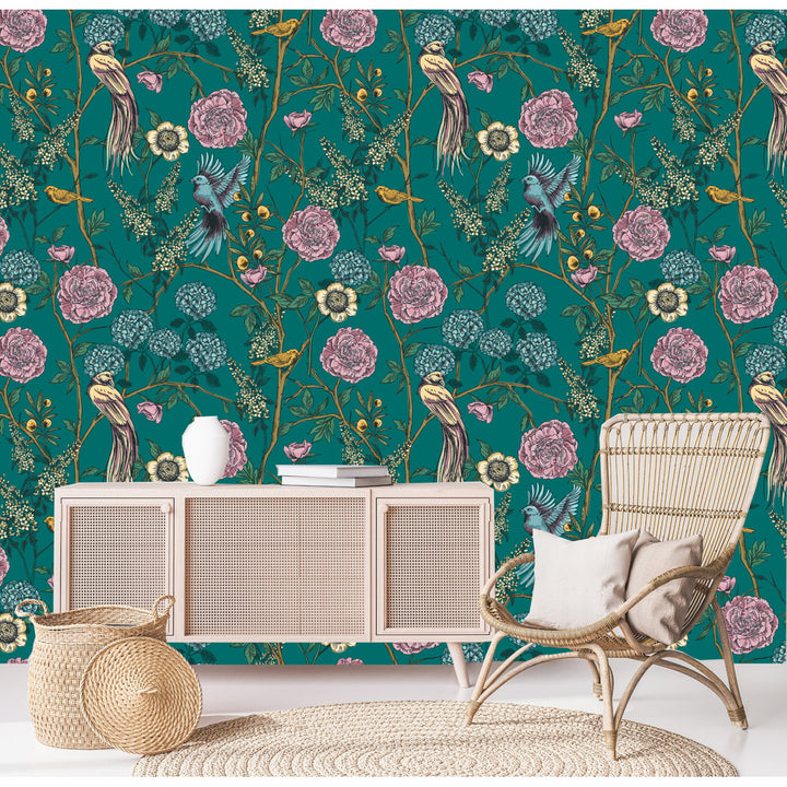 Pine and Birds 10' L x 24" W Peel and Stick Wallpaper Roll Winston Porter