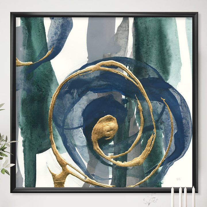 Mettalic Indigo and Gold I - Picture Frame Print on Canvas East Urban Home Size: 46" H x 46" W x 1.5" D Format: Silver Framed