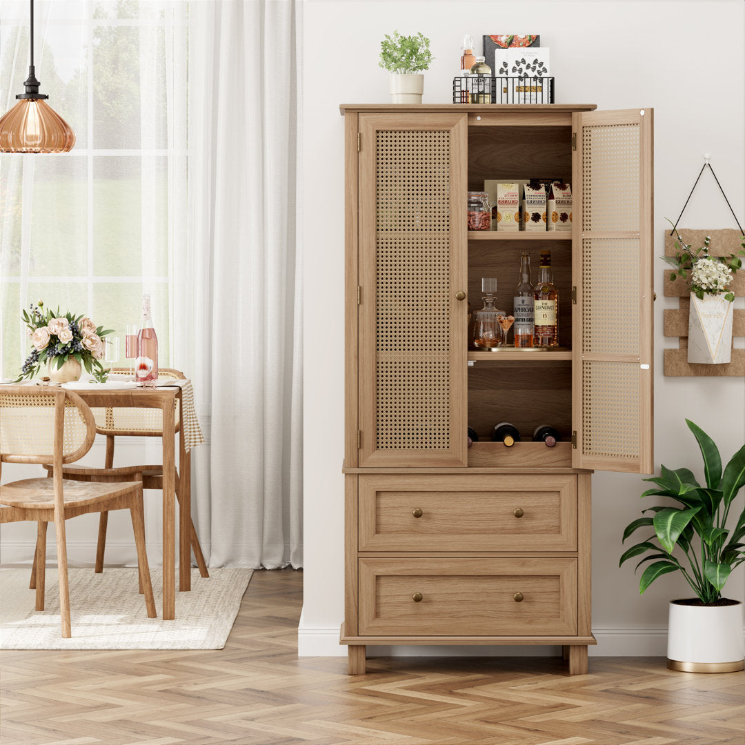 2-Door 2-Drawer Tall Locker With Faux Rattan And Faux Solid Wood Surface, 64.4"H X 28.54"W X 15"D Bay Isle Home™ Color: Brown