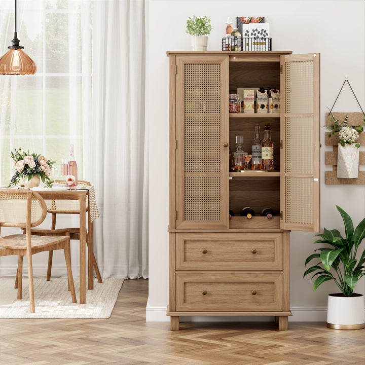 2-Door 2-Drawer Tall Locker With Faux Rattan And Faux Solid Wood Surface, 64.4"H X 28.54"W X 15"D Bay Isle Home™ Color: Brown