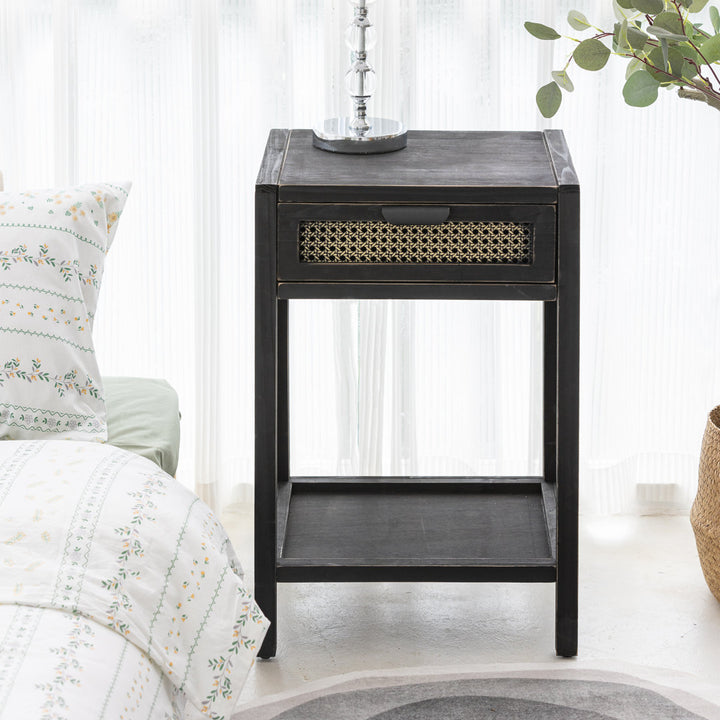 Armands Modern Minimalism Nightstand End Table Side Table with Woven Pattern Drawer and Shelf Union Rustic Color: Black