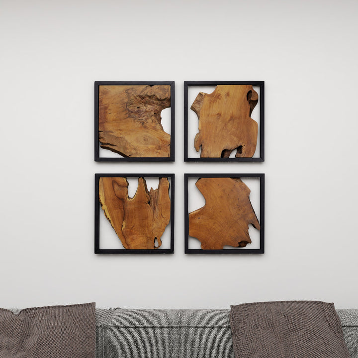 Teak Wood Handmade Live Edge Tree Trunk Abstract Home Wall Decor with Black Frames Mercury Row®